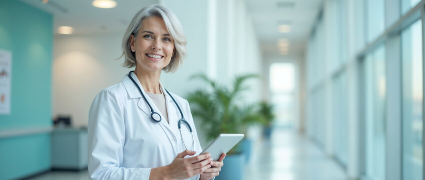 Confident medical professional smiling while holding a digital tablet in a contemporary office setting. This image captures expertise, technology use, and a welcoming healthcare environment.

