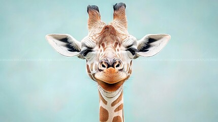   Close-up of giraffe's face with blue background and blue sky