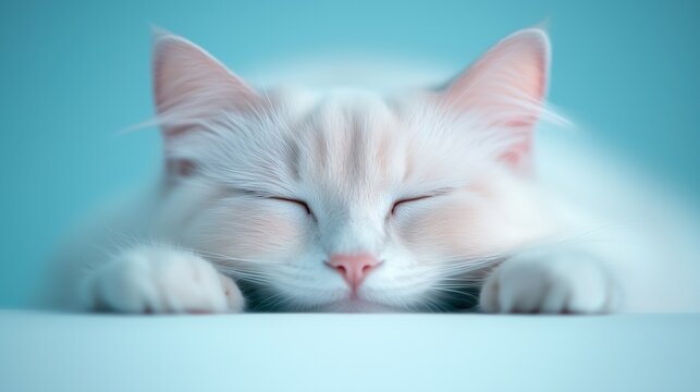 Close-up of a cute fluffy white cat peacefully sleeping with its paws stretched forward on a soft blue background. Rest and relaxation concept with copy space.