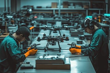 Fototapeta premium Drone assembly in a factory.