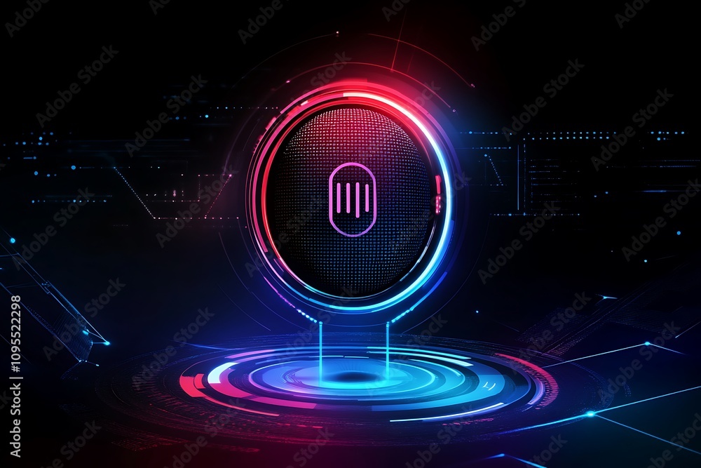 Aufkleber a futuristic speaker design with glowing elements and a digital interface.