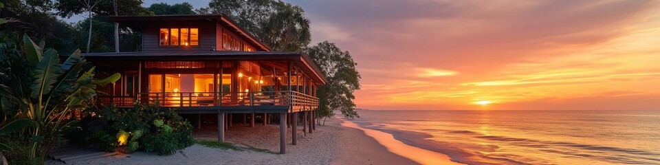 Charming beach house on stilts with white sand beach.