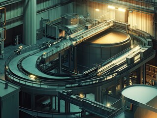 Industrial complex with circular conveyor belt.