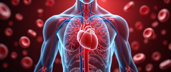 Illustration of the human cardiovascular system showcasing the heart and red blood cells in a vibrant red background, emphasizing circulatory function and health.

