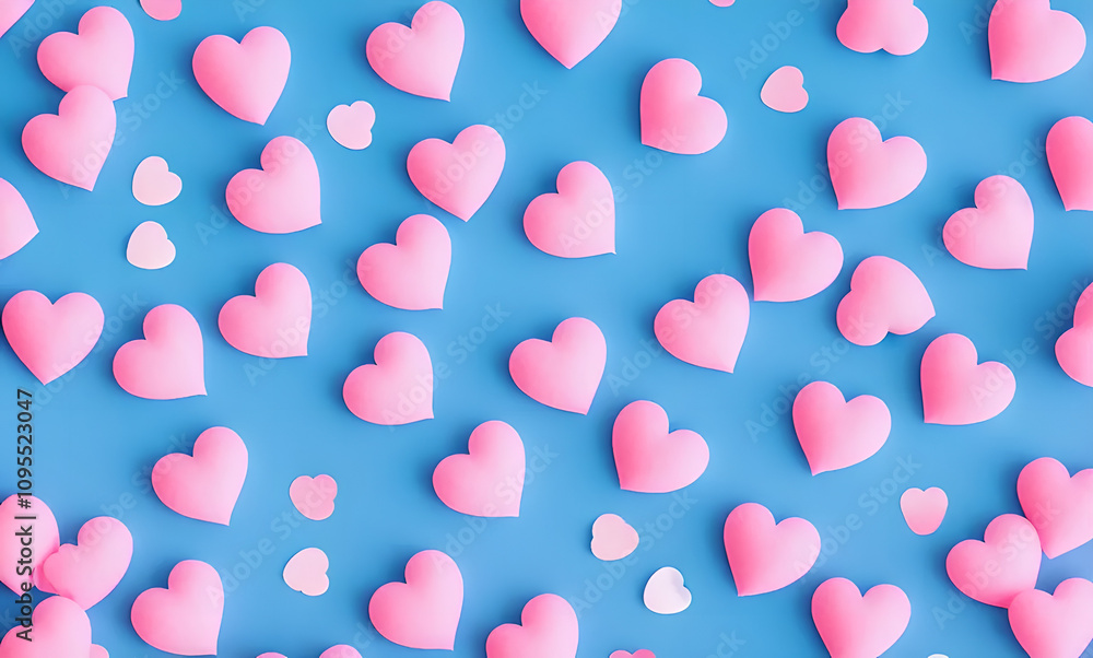 Poster blue background with pink hearts scattered all over it. the pink hearts are of different sizes and a