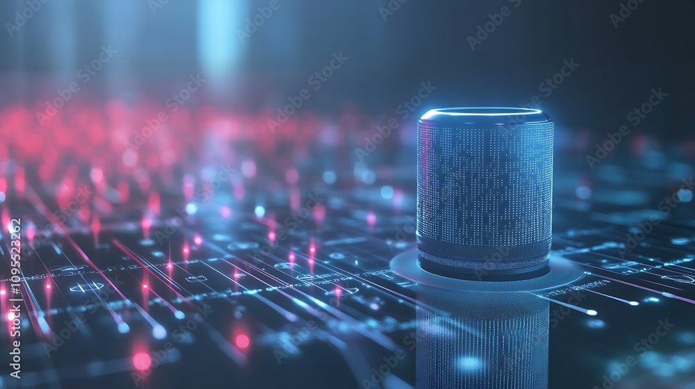 Poster a futuristic digital scene featuring a glowing cylindrical object on a grid-like surface.