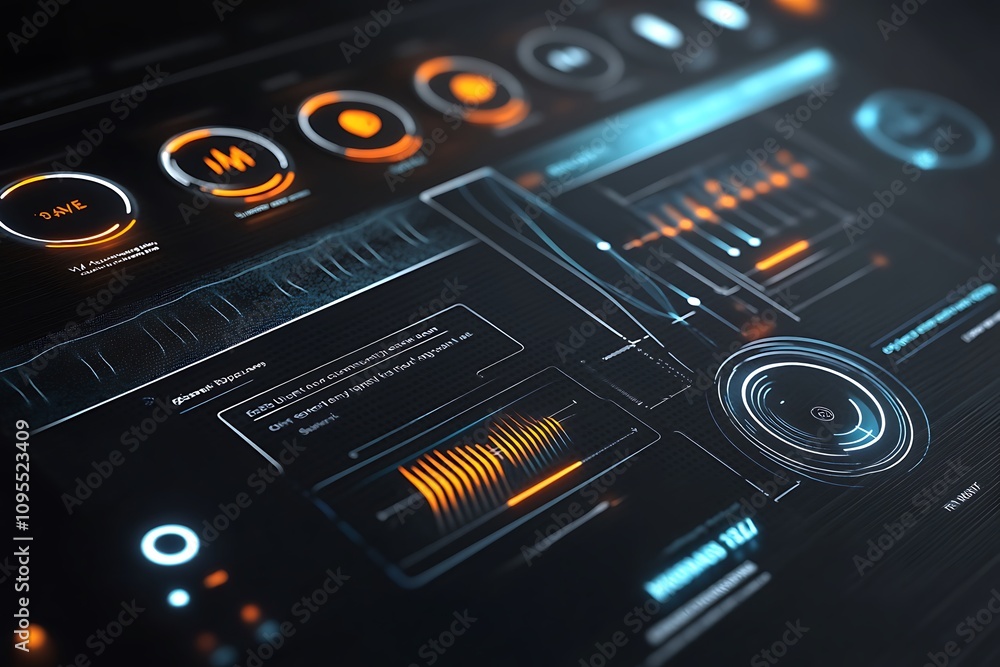 Aufkleber futuristic interface displaying audio controls and visualizations.