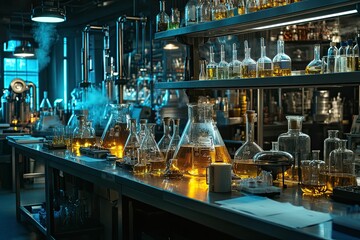 A laboratory with glass beakers and a steel table.