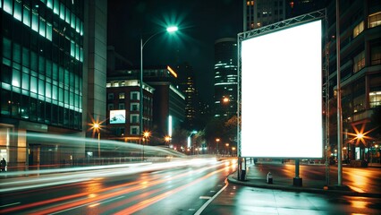  City street at night with blank billboard for advertisement mock-up and motion blur of traffic lights