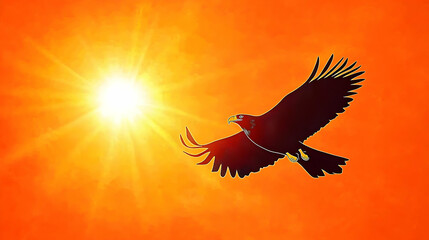 Fototapeta premium Majestic Eagle Soaring Gracefully Through the Vibrant Orange Sky with Bright Sunlight Illuminating the Scene