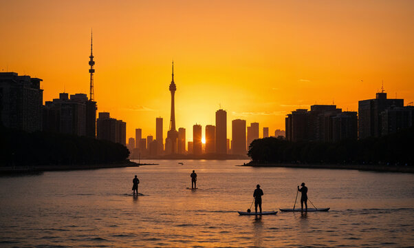 Sunset Paddleboarding Guangzhou Skyline Cityscape Silhouette - Powered by Adobe