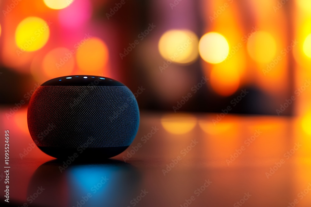Poster a smart speaker on a table with a blurred colorful background.