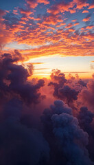 Fiery Sunset Sky, Dramatic Cloudscape, Aerial View, Orange Hues, Purple Clouds, Evening Glow, Atmosp