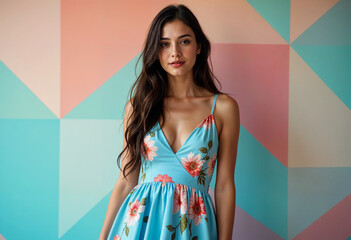 Beautiful Woman in Floral Dress Against Pastel Geometric Background