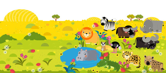 cartoon scene with frame border template with african animals and nature like elephant ape cat cheetah bird flamingo alligator crocodile hyena and other with space for text illustration for children