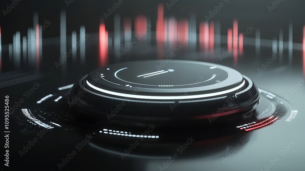 Poster a futuristic audio device with visual sound waves and sleek design.