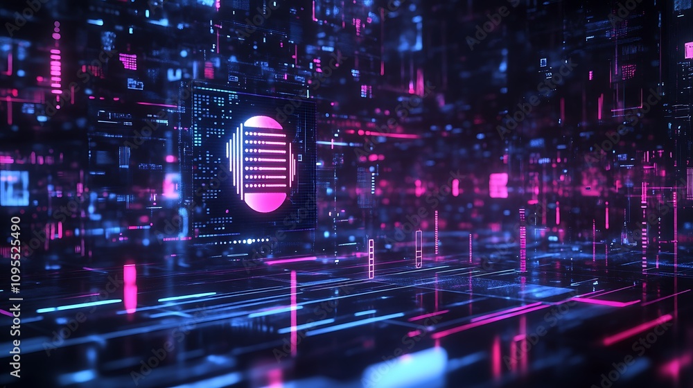 Poster a futuristic digital landscape with glowing circuits and a central processor.