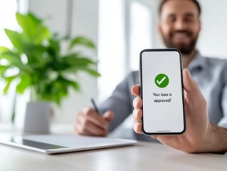 Smartphone screen displaying "Your loan is approved!" notification, symbolizing financial approval.