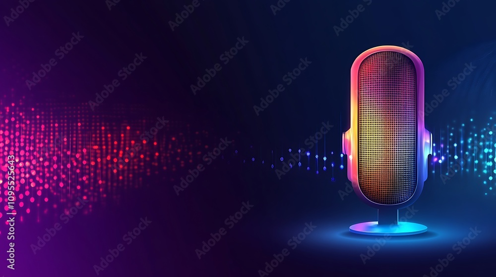 Poster a colorful microphone with sound waves, representing audio and communication technology.