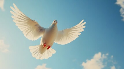 Fototapeta premium Natural white dove flying with vibrant blue sky picture