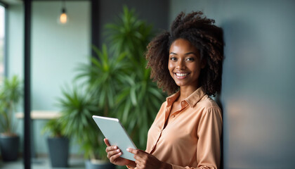 Fototapeta premium A confident professional woman in a modern office environment, smiling while holding a digital tablet. The room is filled with lush green plants, creating a positive and inspiring workspace.