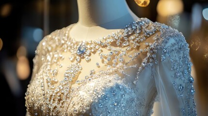 Elegant wedding gown adorned with sparkling gemstones and diamonds, showcased on a mannequin, full of glamour