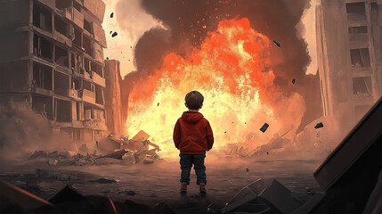 Fototapeta premium child stands in the center around the war explosions destruction
