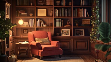 A Cozy Reading Nook with a Red Armchair and Bookshelves