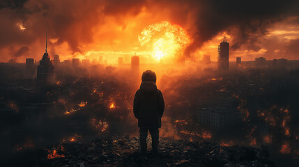 Fototapeta premium child stands in the center around the war explosions destruction