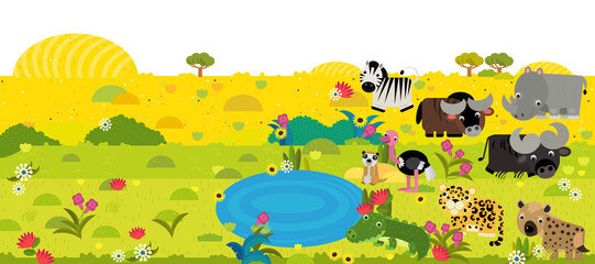 cartoon scene with frame border template with african animals and nature like elephant ape cat cheetah bird flamingo alligator crocodile hyena and other with space for text illustration for children