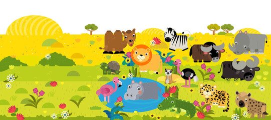 cartoon scene with frame border template with african animals and nature like elephant ape cat cheetah bird flamingo alligator crocodile hyena and other with space for text illustration for children