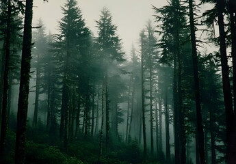 Misty Forest Landscape Filled with Tall Trees, Embraced by Overcast Skies, Evoking a Mysterious and Serene Atmosphere in Nature's Beauty