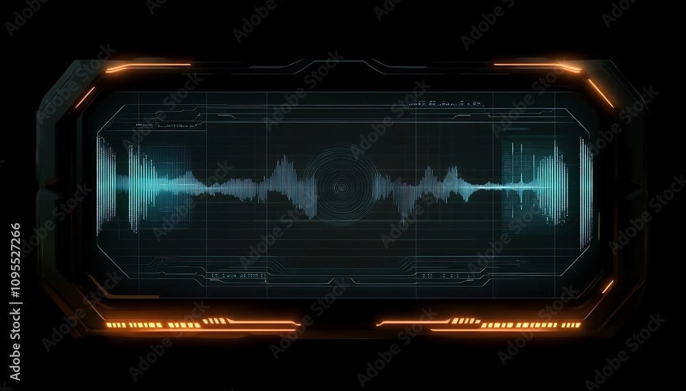 Poster digital audio waveform display with futuristic design elements.
