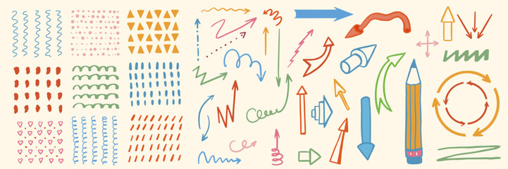 Colorful set of arrows and doodles. Wavy lines, hearts, slashes, triangles, dots on isolated background. Hand drawn vector illustration