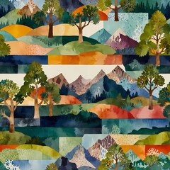 Colorful landscape with mountains, trees, and abstract shapes in a vibrant artistic design inspired by nature