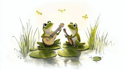   A few frogs sitting on lily pads, each holding a guitar and a butterfly in the background