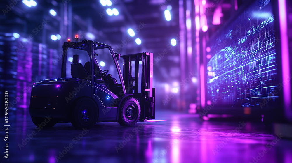 Poster a digital rendering of a forklift equipped with sensors and holographic interfaces, placed in a futu