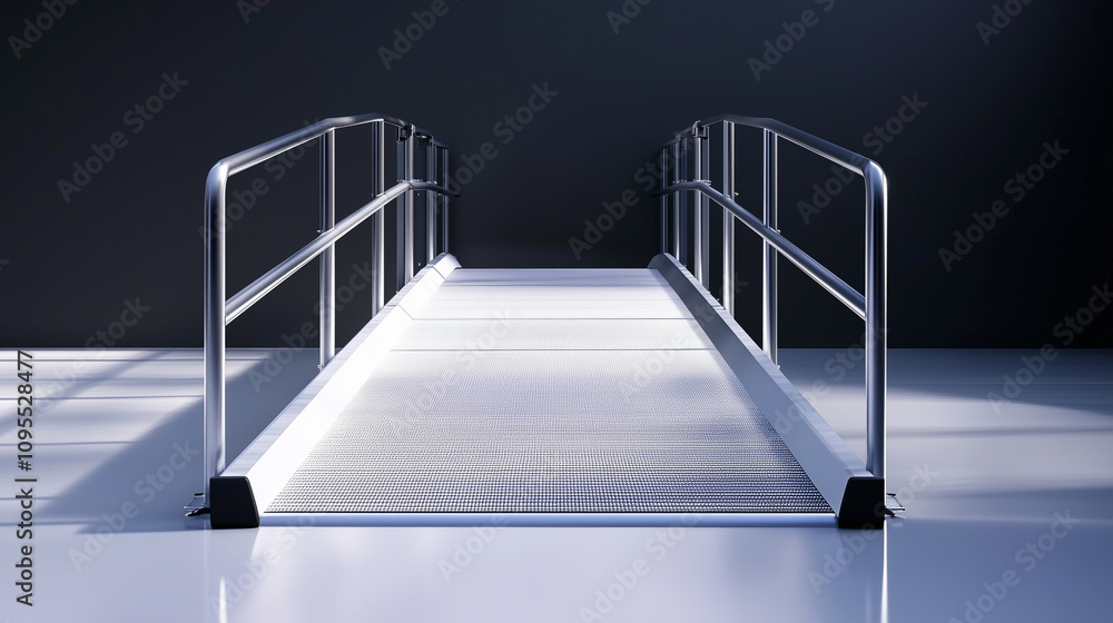 Poster home accessibility ramp with safety handrails on both sides, highlighted by its durable metal constr
