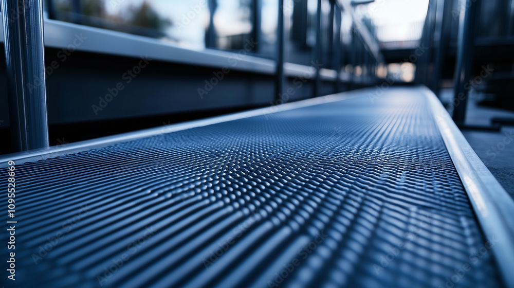 Poster close-up of textured metal ramp surface with anti-slip ridges, ideal for wheelchair access, shown in