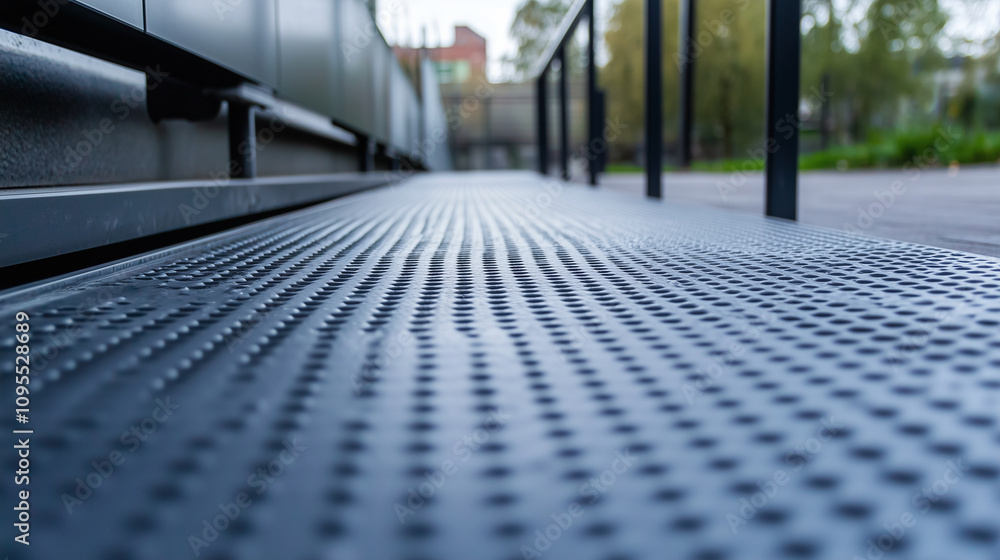 Poster close-up of textured metal ramp surface with anti-slip ridges, ideal for wheelchair access, shown in