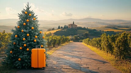 Christmas Tree and Suitcase on Vineyard Path