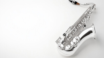 Obraz premium A classic white saxophone with reflective silver keys, beautifully crafted and isolated on white, showing fine details in the design.