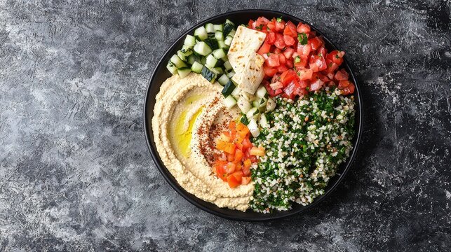 Healthy mediterranean meal prep kitchen food photography modern design top-down view nutrition benefits