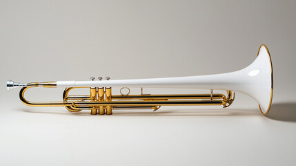 Obraz premium A shiny white trombone, sleek and polished, isolated on a white background with details of its brass tubing emphasized.