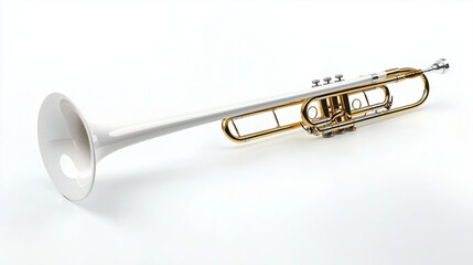 Obraz premium A shiny white trombone, sleek and polished, isolated on a white background with details of its brass tubing emphasized.