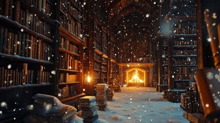 A cozy library scene with snow and a fireplace, creating a warm, inviting atmosphere.