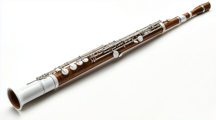 Naklejka premium A white bassoon with intricate keywork and wooden texture, isolated on a bright white background for a sophisticated look.