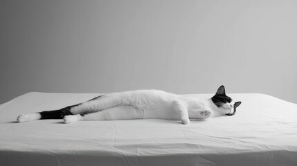 Playful cat stretching on clean table surface indoor setting pet photography minimalistic environment close-up perspective calm concept