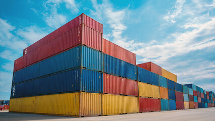 Fototapeta premium Colorful shipping containers stacked high under a bright blue sky..