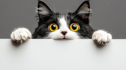 Curious cat peeking over a surface indoor setting animal photography cozy environment close-up perspective playfulness